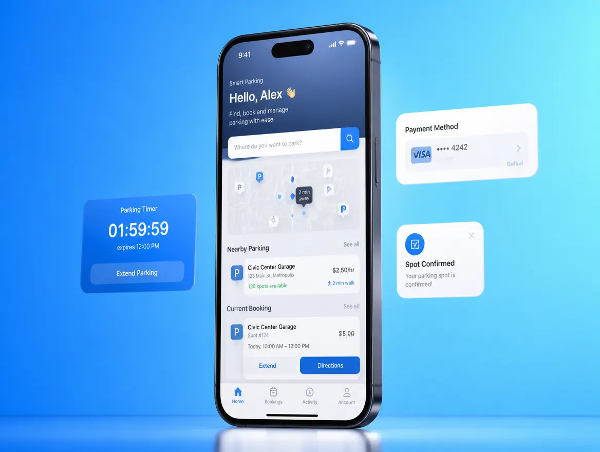Smart parking app shown on a phone